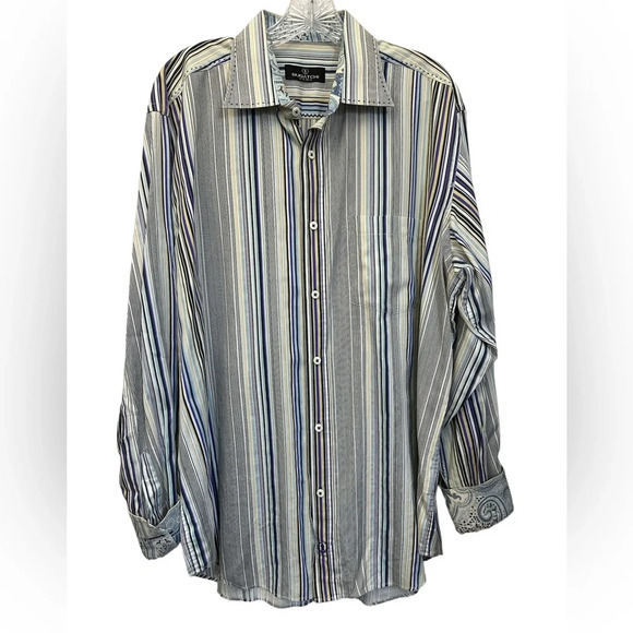 Bugatchi Uomo Multi-Colored Striped Paisley Flip Cuff Long Sleeve Button Down XL - Picture 1 of 7